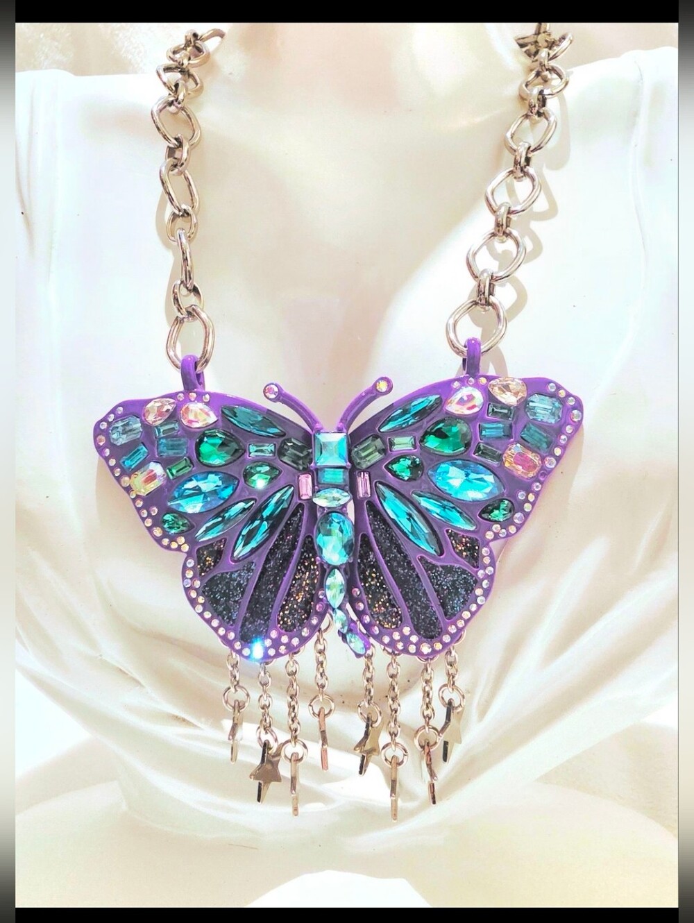 Silver Chain Purple Multicolor Crystal Purple Butterfly Star Necklace - Picture 6 of 14